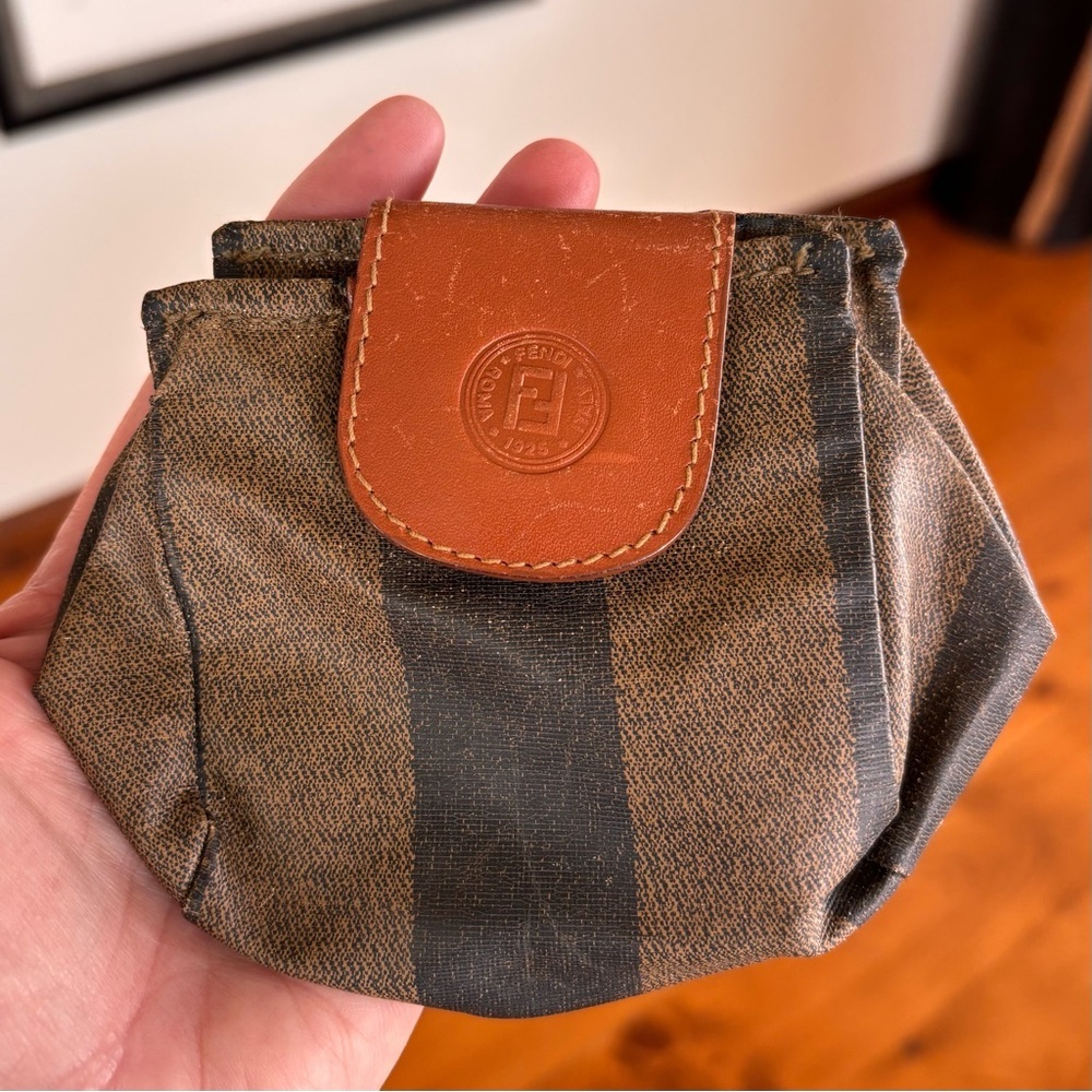 FENDI Vintage Fendi Pequin Stripe Coin Pouch Mini Wallet Brown Logo Italy - Picture 10 of 12